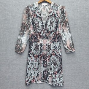 REISS Printed V-Neck Twist Front Silk Blend Midi Dress Long Sleeve Size 6